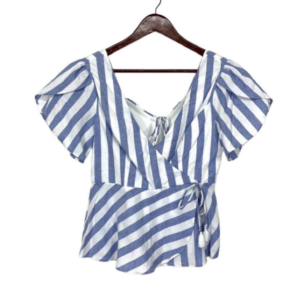 Essue Blue & White Striped Surplice Tassel Tie Back Blouse Summer Coastal Vacay